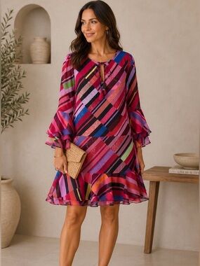 Derhy Vibrant Multicolor Striped Ruffle Dress with sequin size M